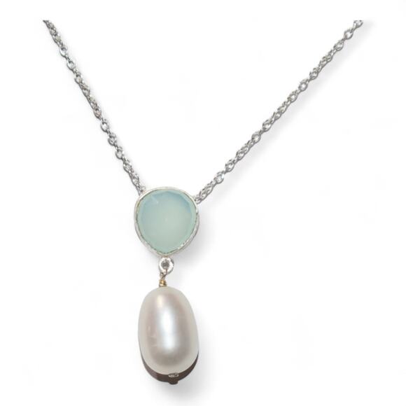 Genuine Aqua Chalcedony and Cultured White Freshwater Pearl Necklace - Picture 3 of 5